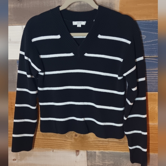 VINCE Drop Shoulder Sweater S Navy White Stripes - Picture 2 of 7